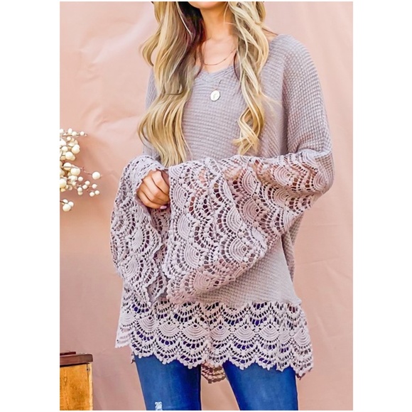 034 Boho Lace Bell Sleeve Waffle Knit Tunic Top - Picture 7 of 13
